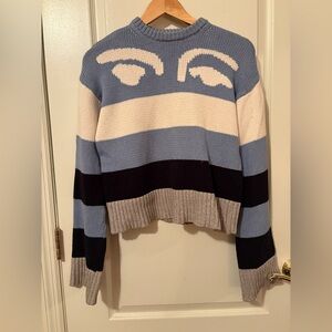 Derek Lam Cropped Knit Sweater Blue Stripe Eye Motif
